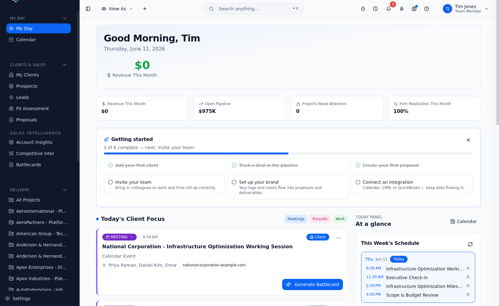 My Day dashboard showing today's priorities, meetings, and tasks for a consultant